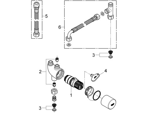 Diagramă explodată a unei instalații sanitare cu robinet de reglare colțar, racord și furtun flexibil de conectare.