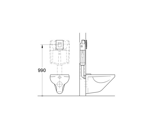 Desen tehnic al unui WC suspendat cu dimensiunile de 990 mm înălțime