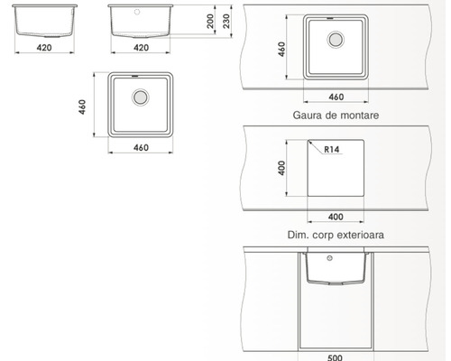Desen tehnic al unei chiuvete cu dimensiuni