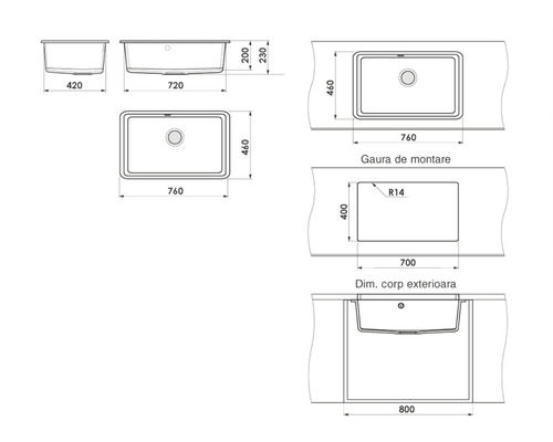 Desen tehnic al unei chiuvete cu dimensiuni