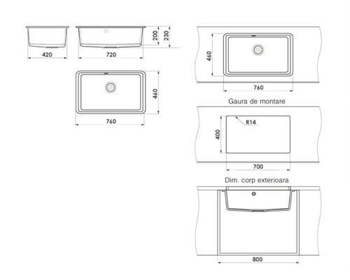 Desen tehnic cu dimensiunile unei chiuvete pentru instalare