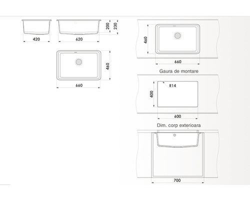 Desen tehnic cu dimensiunile unei chiuvete