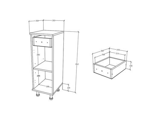 Desen tehnic al unui dulap inferior cu sertar și rafturi, cu dimensiuni
