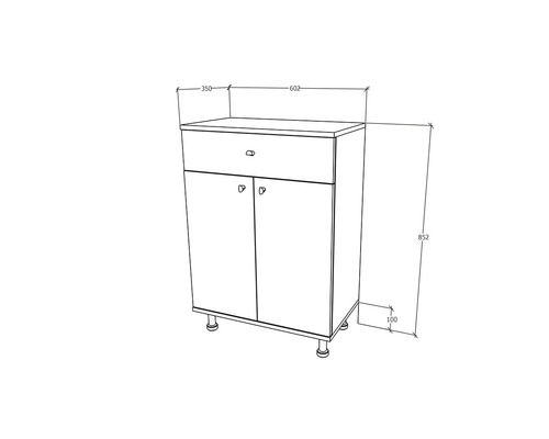 Desen tehnic al unui dulap inferior cu sertar și două uși, inclusiv dimensiuni.