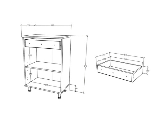 Desen tehnic al unui dulap inferior cu sertar și rafturi, precum și un sertar separat cu indicații de dimensiuni