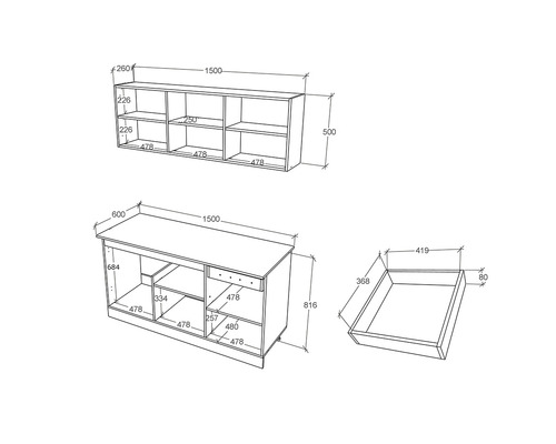 Desen tehnic al unui set de mobilier cu dimensiuni
