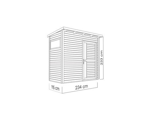 Ilustrație a unei magazii cu dimensiunile de 234 pe 115 pe 233 centimetri.