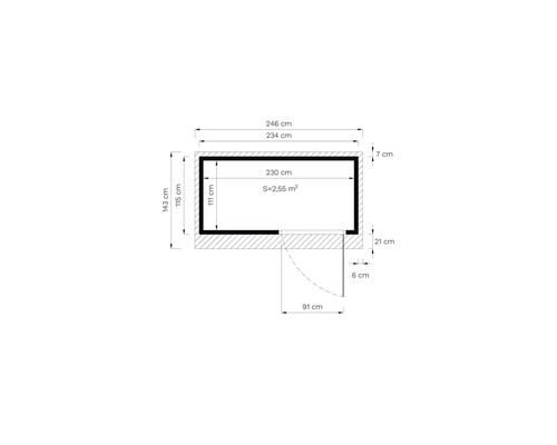 Planul unei camere cu dimensiuni în centimetri și metri pătrați.