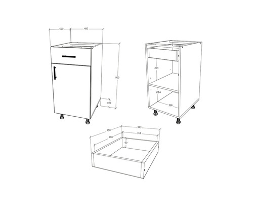 Desen tehnic al unui dulap de bucătărie cu sertar și dimensiuni