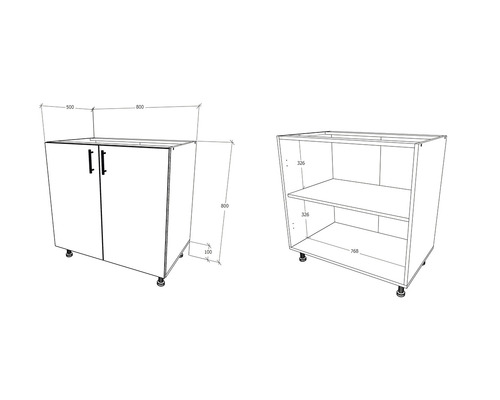 Schiță a unui dulap inferior cu două uși și raft deschis