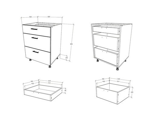 Desen tehnic cu dulap de bucătărie cu sertare și dimensiuni