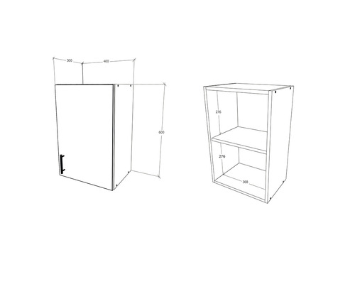 Ilustrație a unui dulap cu ușă și a unei rafturi deschise cu dimensiuni.