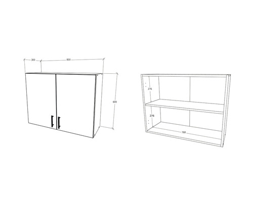 Desen tehnic al unui dulap suspendat cu dimensiuni.
