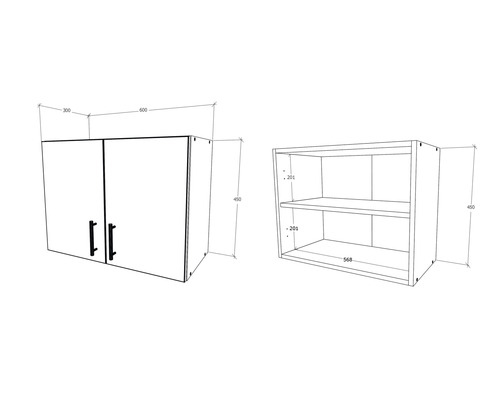 Desen al unui dulap suspendat cu două uși și al unui raft de perete deschis cu două compartimente și dimensiuni