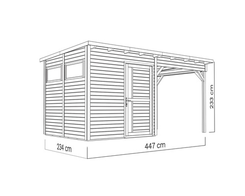 Ilustrație a unei magazii de grădină din lemn cu dimensiunile de 234 pe 447 centimetri și o înălțime de 233 centimetri.