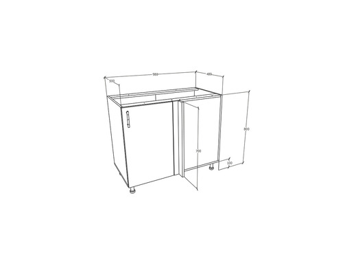 Desen al unui corp inferior de colț cu dimensiuni.