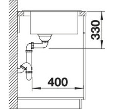 Schiță a unei chiuvete cu țevi de scurgere și dimensiunile 330 și 400.