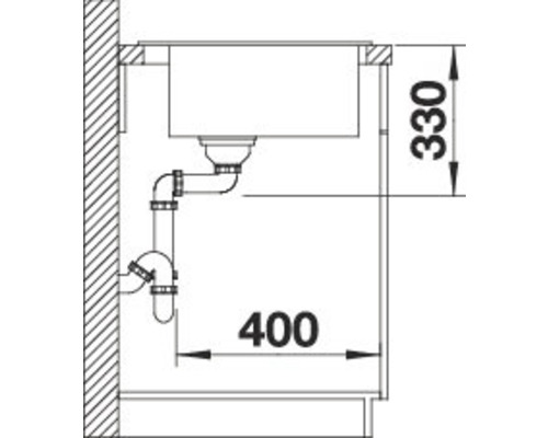 Schiță a unei chiuvete cu țevi de scurgere și dimensiunile 330 și 400.