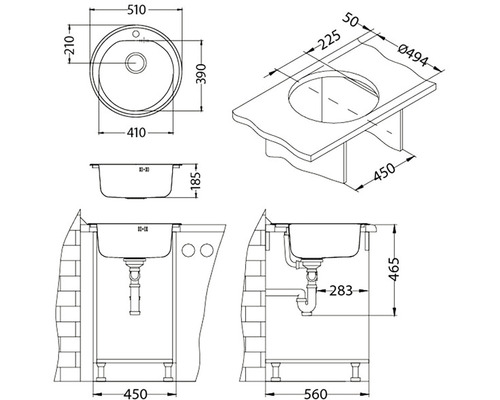 Desen tehnic al unei chiuvete rotunde încorporabile cu dimensiuni indicate
