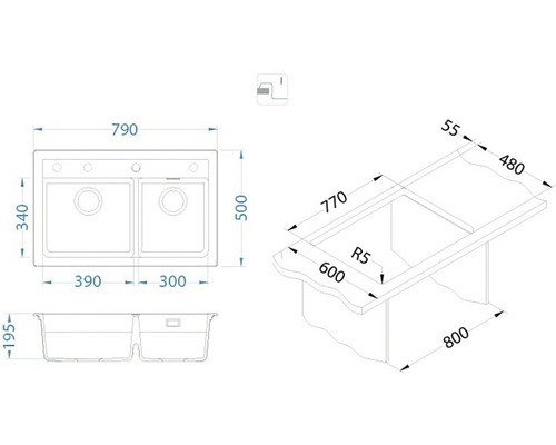 Desen tehnic cu dimensiunile unei chiuvete