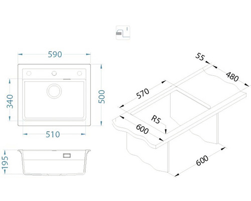 Desen tehnic al unei chiuvete cu dimensiuni