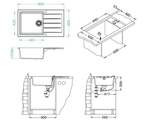 Desen tehnic cu dimensiunile unei chiuvete