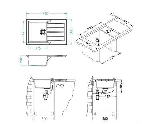 Desen tehnic al unei chiuvete cu dimensiuni.