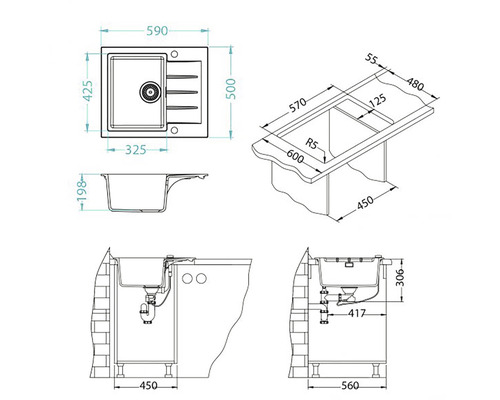 Desen tehnic al unei chiuvete cu dimensiuni