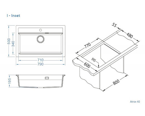 Desen tehnic al unei chiuvete încorporabile Atrox 40 cu indicații de dimensiuni.