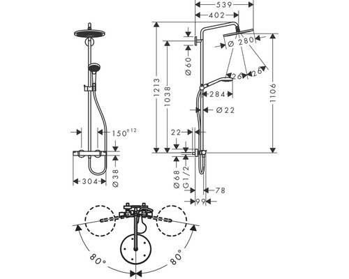 Desen tehnic al unui robinet de duș cu dimensiuni