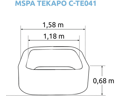 Dimensiunile jacuzzi-ului MSpa Tekapo: 1,58 metri lungime, 1,18 metri lățime și 0,68 metri înălțime.