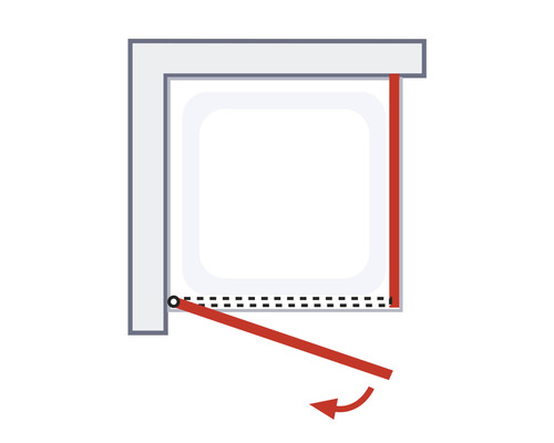 Ilustrație a unei cabine de duș cu o ușă batantă care se deschide spre exterior