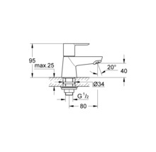 Desen tehnic al unui robinet cu dimensiuni pentru instalare.