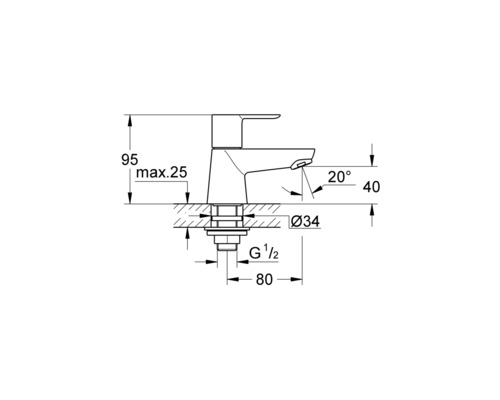 Desen tehnic al unui robinet cu dimensiuni pentru instalare.