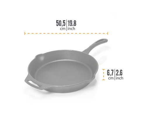 Tigaie din fontă cu dimensiunile de 50,5 centimetri lungime și 6,7 centimetri înălțime