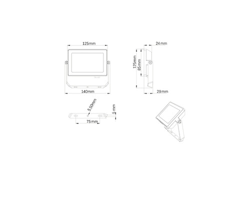 Desen tehnic al unui reflector cu dimensiunile de 125 mm, 140 mm, 24 mm, 29 mm, 5 mm, 5,5 mm, 75 mm și 85 mm.