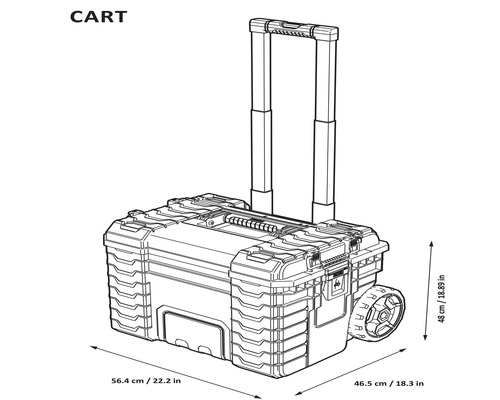 Cărucior pentru scule cu mâner telescopic și roți, indicații de dimensiune.