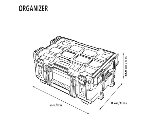 Ilustrație a unui organizator de scule cu dimensiuni