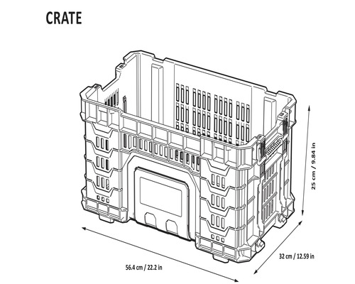 Imagine cu o ladă din plastic cu dimensiunile de 56,4 x 32 x 25 cm