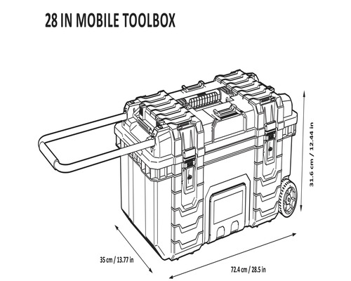 Cutie mobilă pentru scule cu dimensiunile de 72,4 cm x 35 cm x 31,6 cm
