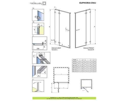 Desen tehnic al cabinei de duș Radaway Euphoria DWJ cu dimensiuni și detalii