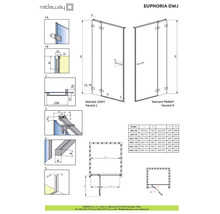 Desen tehnic al cabinei de duș Radaway Euphoria DWJ cu indicații de dimensiuni