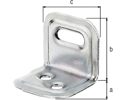 Conector unghiular din metal cu găuri de fixare și indicații de dimensiuni
