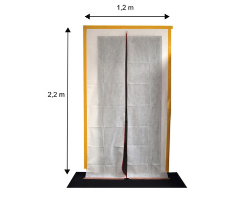 Ușă de protecție împotriva prafului cu dimensiunile de 1,2 metri pe 2,2 metri.