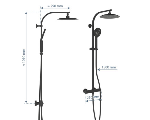 Imagine a unei baterii de duș cu indicații de dimensiuni
