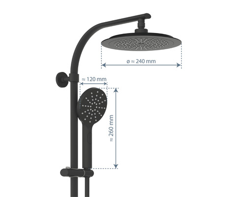 Sistem de duș cu duș fix, duș de mână și indicații de dimensiuni