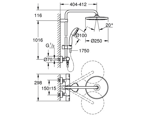 Sistem de duș cu termostat GROHE Vitalio Start 250 266772430 negru Desen tehnic al unei baterii de duș cu duș fix și duș de mână, inclusiv dimensiuni.