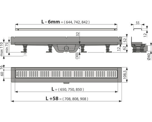 Desen tehnic al unui canal de duș cu dimensiuni