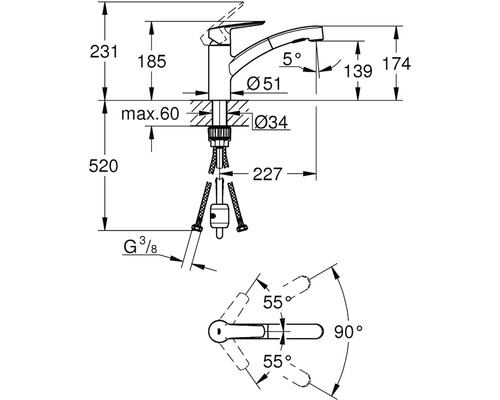 Desen tehnic al unei baterii de bucătărie cu dimensiuni