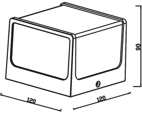 Desen tehnic al unei lămpi de perete cu dimensiunile de 120 x 120 x 90 milimetri